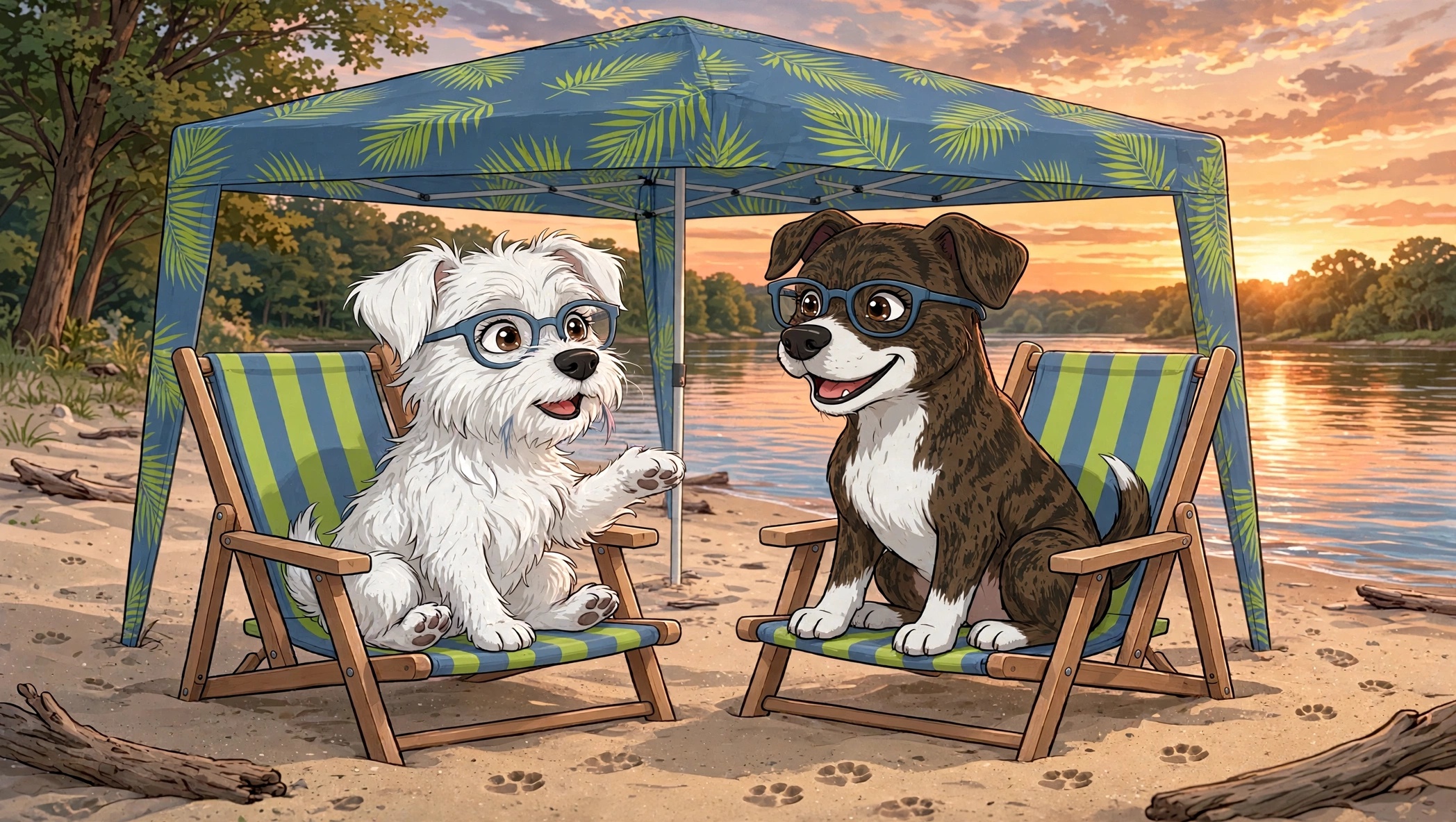 Edna and Maud sitting in beach chairs, dishing under a canopy at sunset