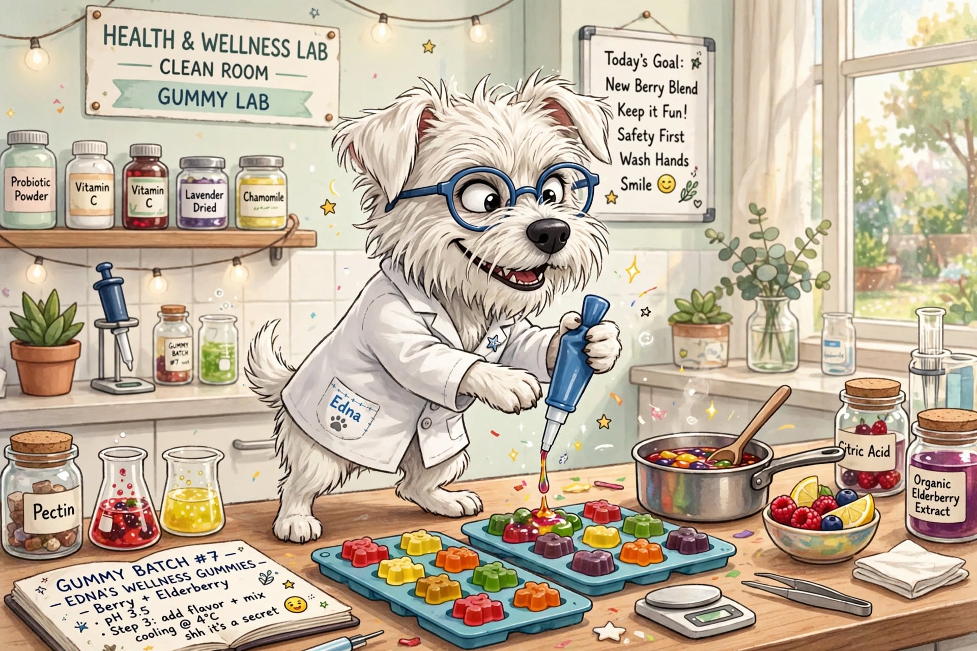 Edna in her lab coat and glasses, mixing up a batch of gummies in the Edna & Maud's wellness lab
